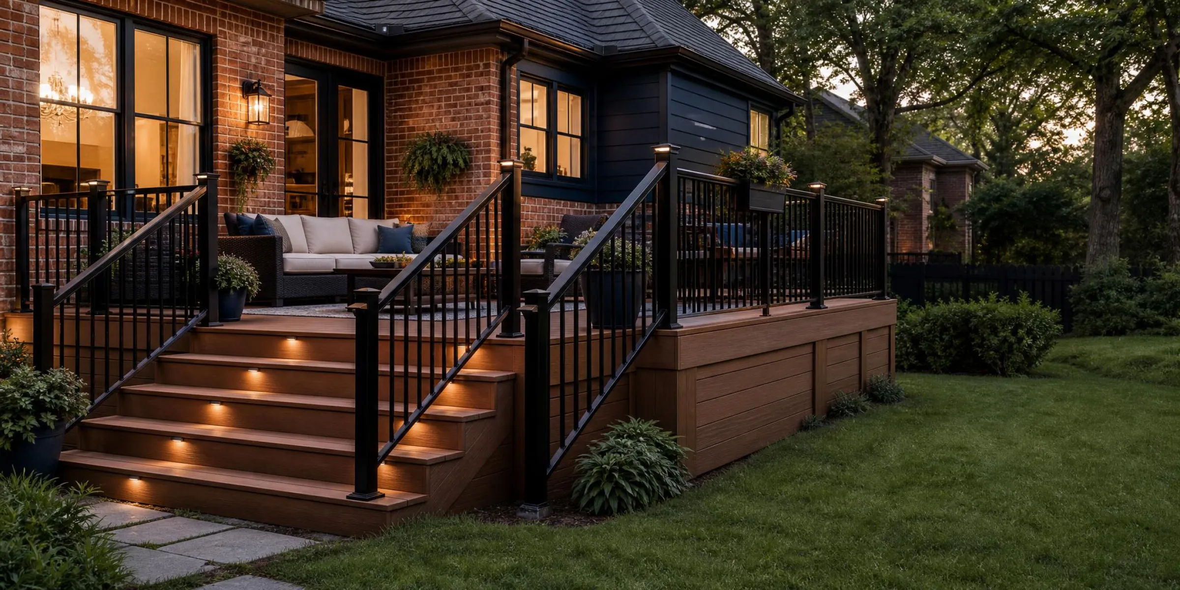 Elevated composite deck with slim railings overlooking a backyard at golden hour
