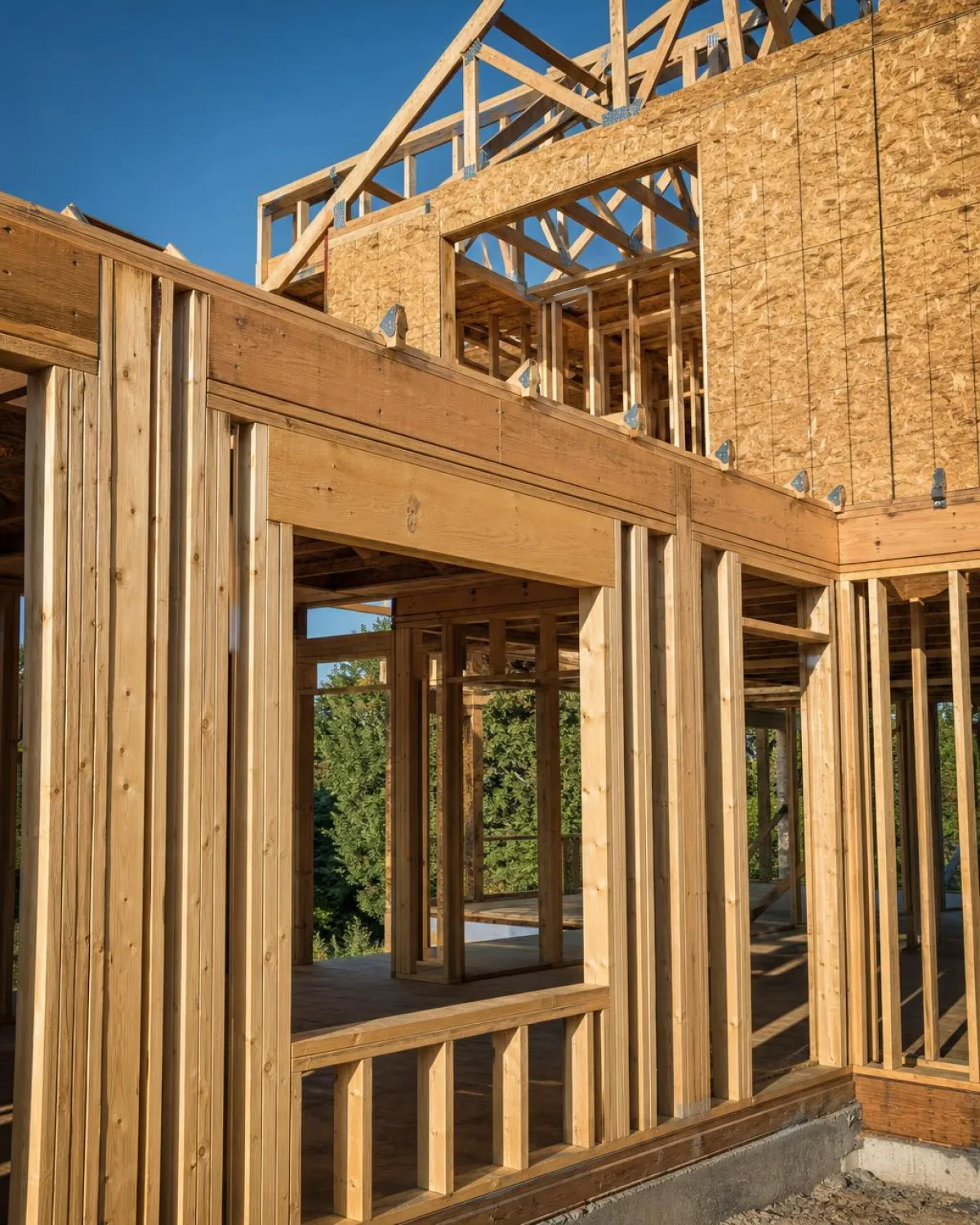 New wood-framed walls and roof trusses of a two-story house against a clear sky