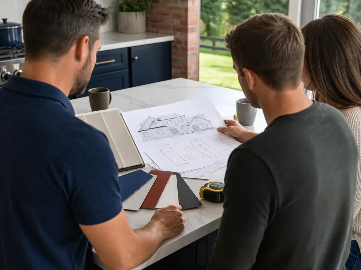 Contractor and homeowners reviewing plans at a kitchen table