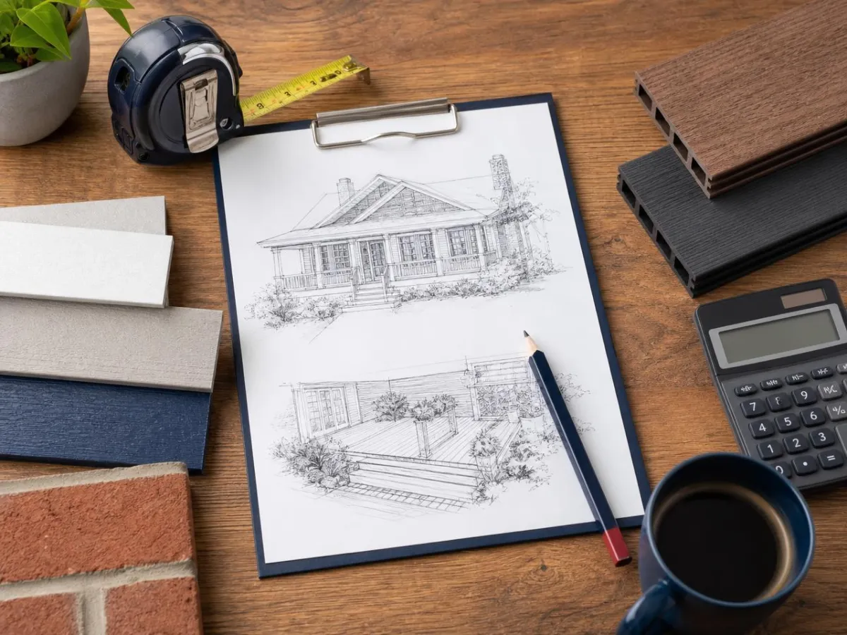 Tape measure, pencil and a detailed estimate sheet on a clipboard