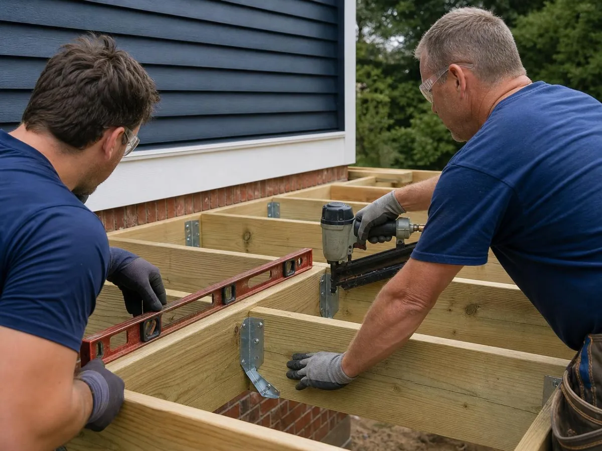 Carpenters installing deck framing with joist hangers