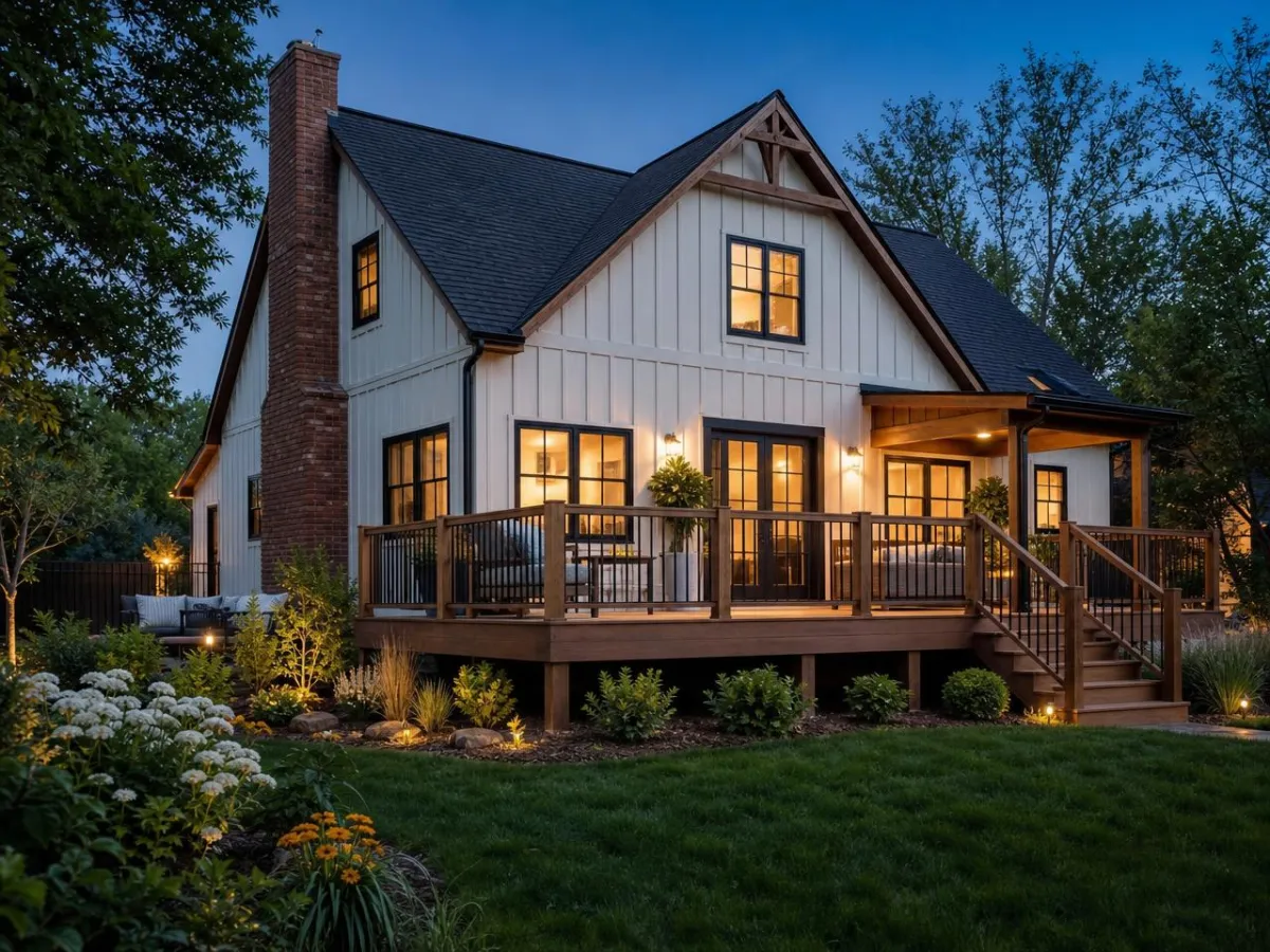 Finished home exterior with new siding and deck in soft evening light