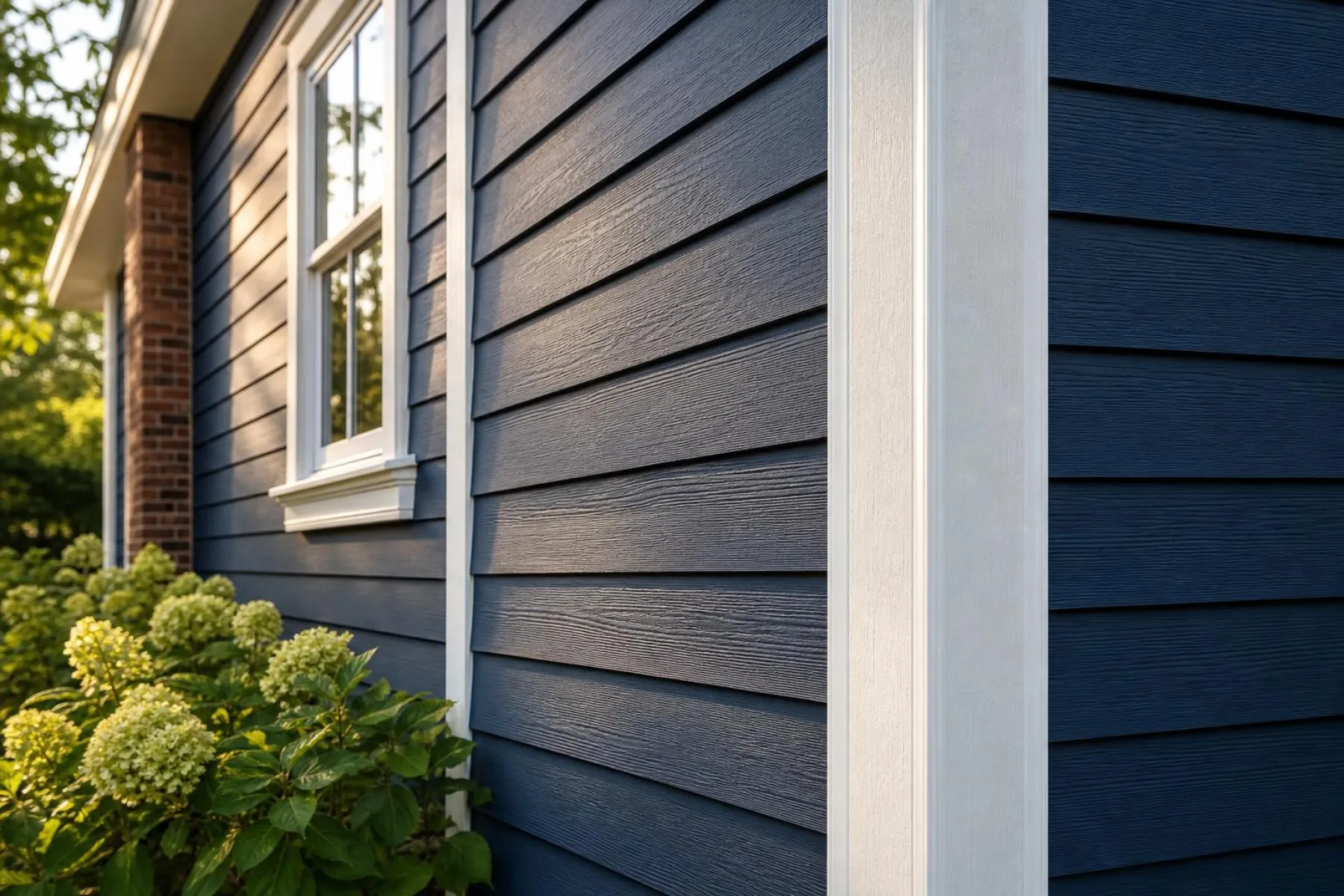 Close view of new horizontal lap siding with crisp corner trim on a family home