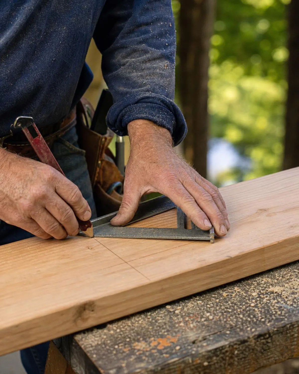 Carpenter's hands checking a framing square against a freshly cut board